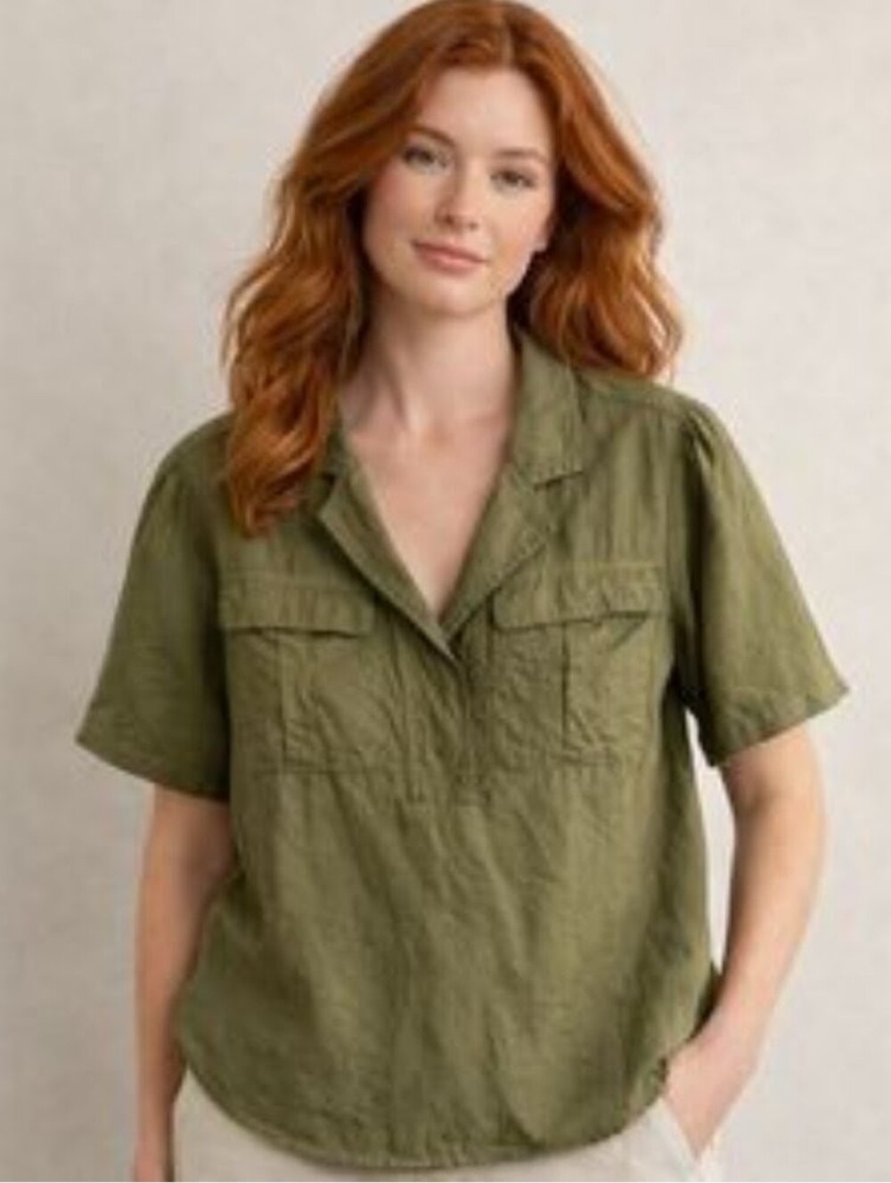 Sundance Linen Blouse Womens XXL Olive Green Pullover Tunic Relaxed Fit